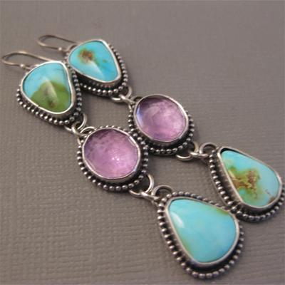 Ethnic Silver Color Geometry Blue Green Purple Stone Earrings Vintage Metal Carving Pattern Dangle Earrings for Women Jewelry
