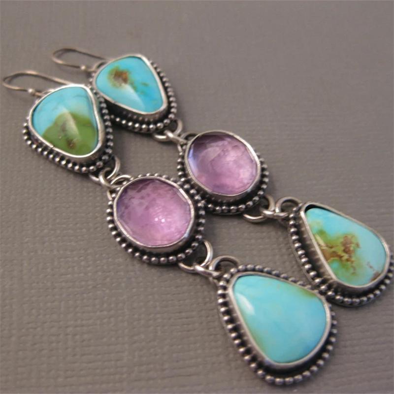 Orecchini Etnici Argento Geometrici con Pietre Blu Verdi Viola Metallo Vintage Intagliato Pendenti per Donne Gioielli