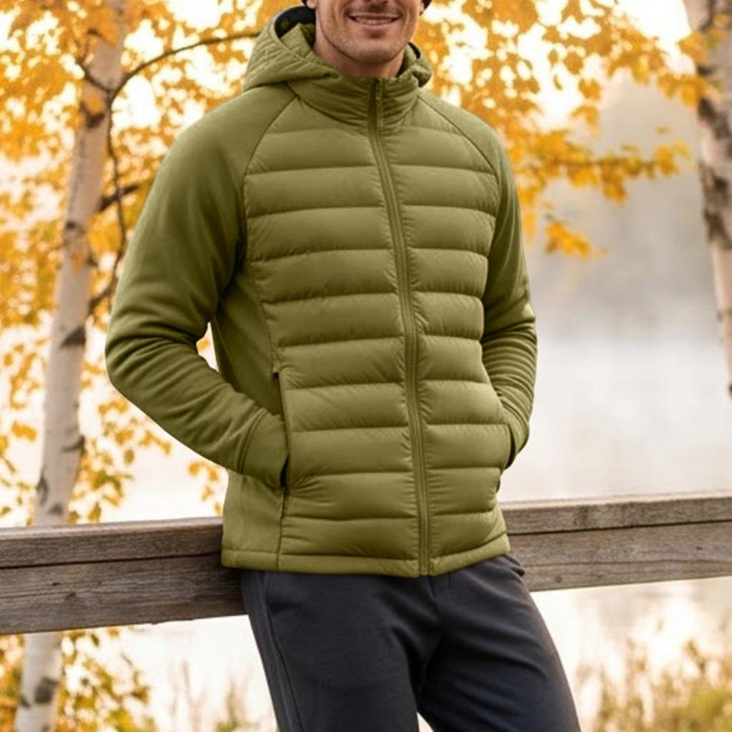 Men's Lightweight Quilted Hooded Jacket with Synthetic Down for Fall and Winter