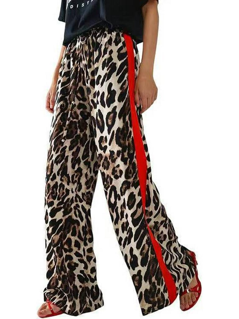 Leopard Print Patchwork Wide-Leg Women's Trousers