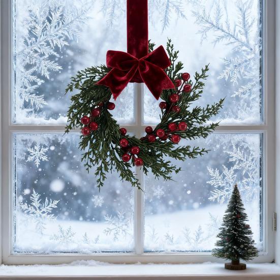 Artificial Christmas Wreath for Front Door 10 Inch Winter Greenery Wreath with Red Berries