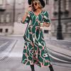 High Waist Elegant A-Line Print Autumn Winter Long Sleeve V-neck Knee Length Chiffon Dress Women