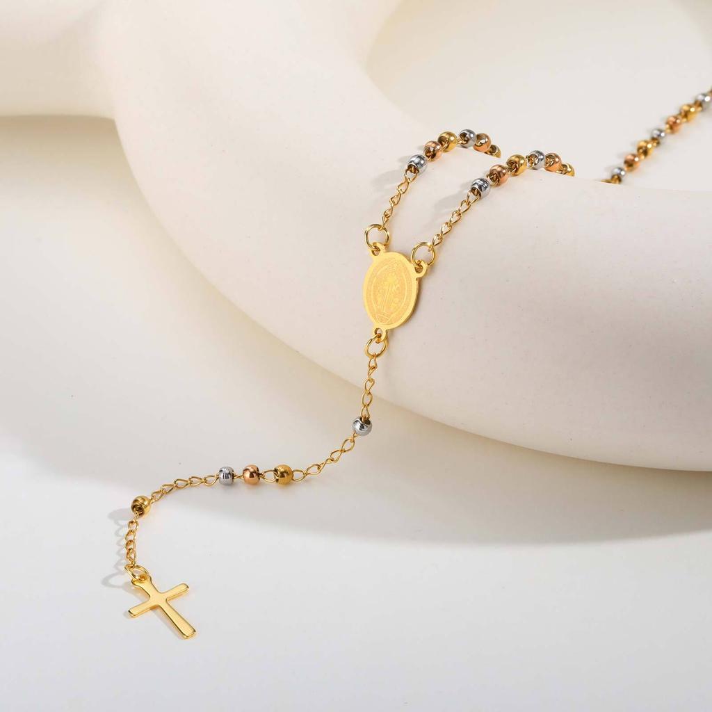 Vnox Stainless Steel Three Colors Beads Necklace Religion Saint Benedict Virgin Mary Necklaces Long Chain Collier Jewelry