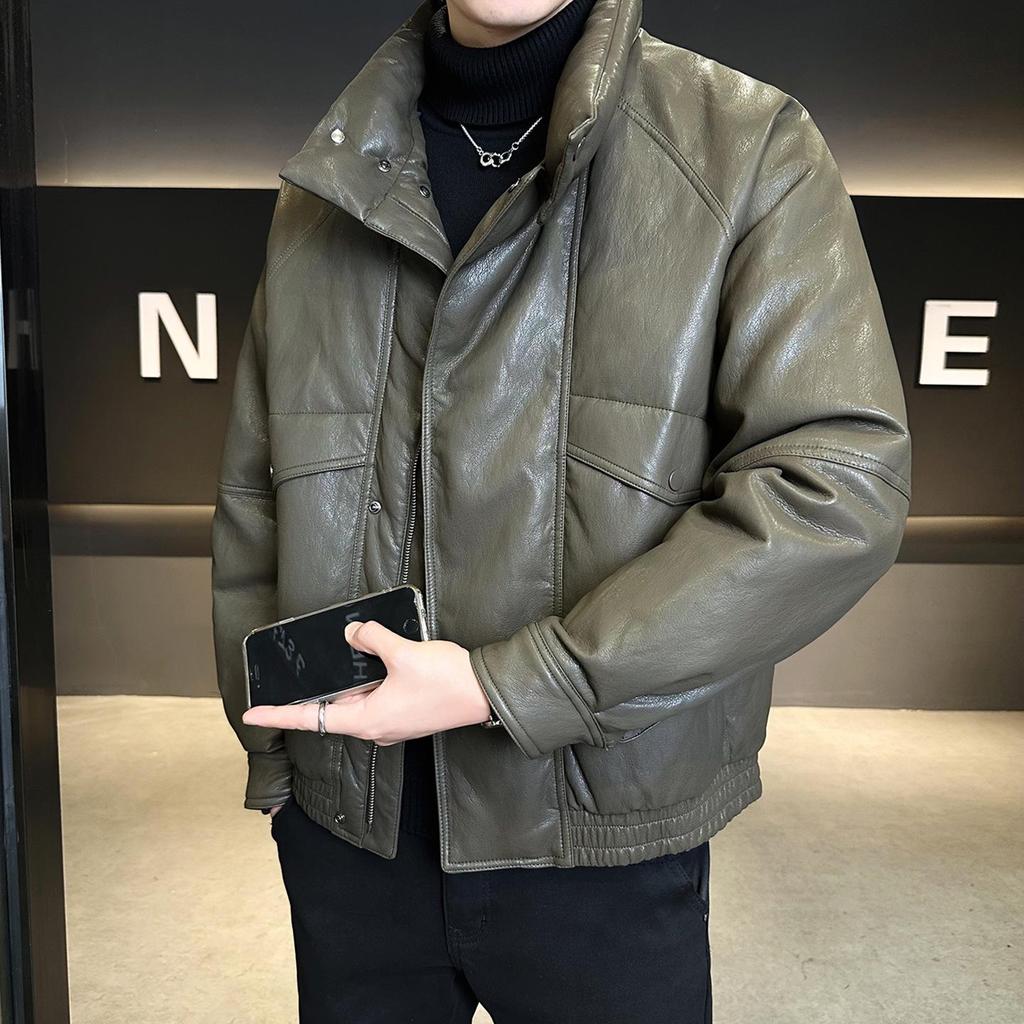 Men's Trendy Winter Leather Down Jacket - Short Stand Collar, Warm, PU Leather, Thickened, Wash-Free