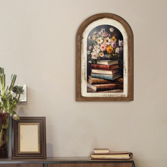 Vintage Framed Wall Art, Curved Wooden Floral Wall Art, Arched Wood Framed Wall Art, Rustic French Country Style Paintings for Bedroom