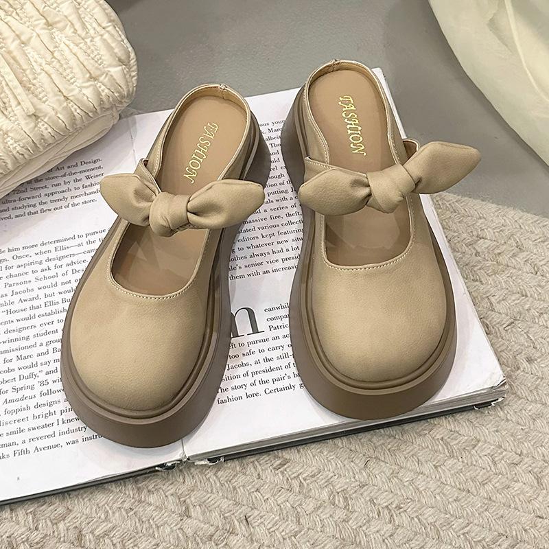 

Summer bag head single shoes thick sole one pedal new women s bow cool slippers wear half slippers lazy 35 бежевый