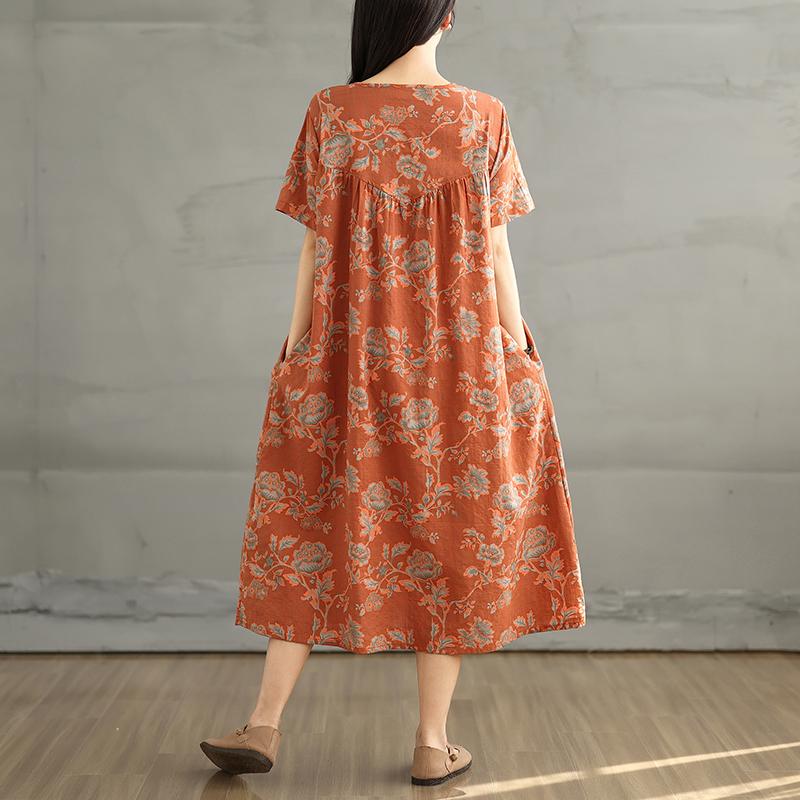 Dimanaf 2025 Summer Women Plus Size Long Dress Short Sleeve Vintage Basic Oversized Casual Loose Dress Floral New