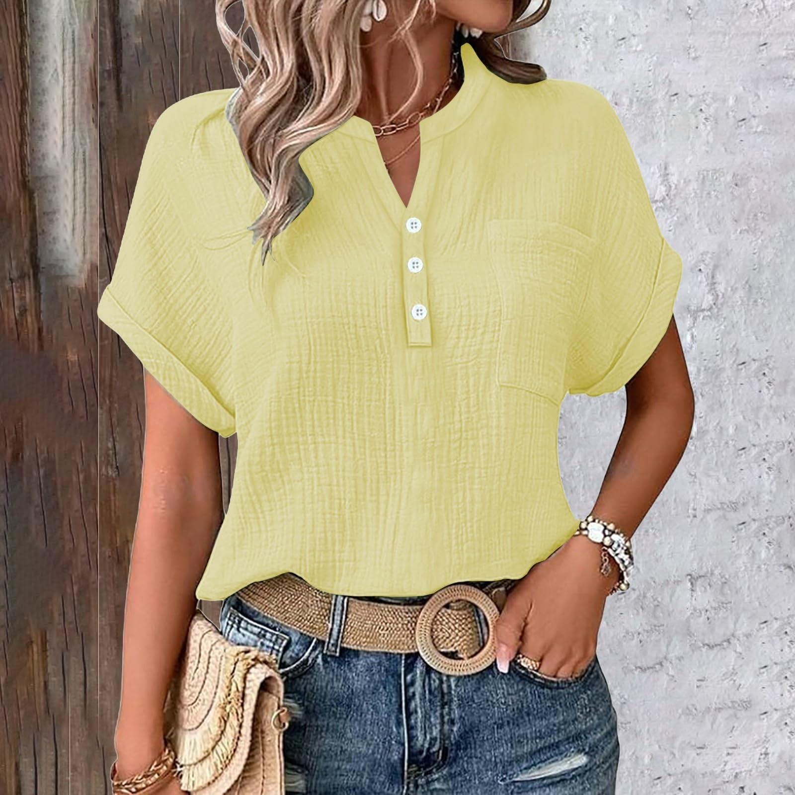 

Women s Blouse, Linen Blouse, Women s Summer Button-Down Linen Shirt,Short Sleeve V-Neck Blouse With Pockets жовтий