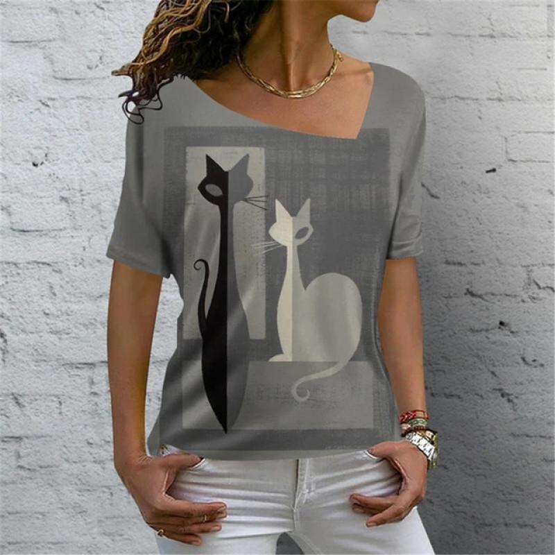 Kreslená kočka Digitální 3D tisk Dámské tričko Krátký rukáv Léto Ležérní Šikmý límec Personalizované Žena Dámské topy Oblečení