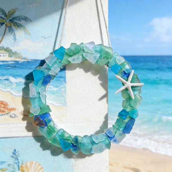 Sea Glass Wreath Handmade Coastal Style Christmas Ornament for Front Door Window Kitchen Cabinet Chair Wall Home Decor