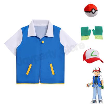 Fantasia de Ash Ketchum Adulto para Halloween Homens Treinador de Anime Cosplay Mulheres Fantasia Festa Jaqueta Azul Chapéu e Luvas Conjuntos Completos