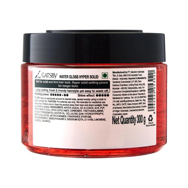 Gatsby Water Gloss Hyper Solid Hair Gel For Men, 300g, Wet Look Styling, Level 7 Strong Hold, Non Sticky, Easy Rinse, Shine Finish