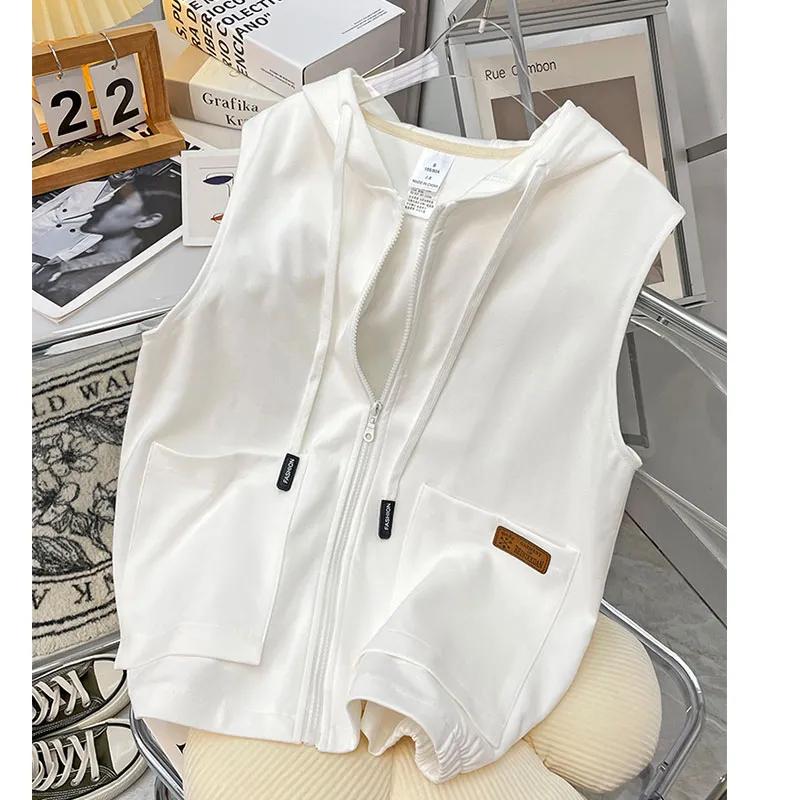 Women's Spring/Summer Sleeveless Hooded Vest Korean-Style Zipper-Front Cardigan Jacket