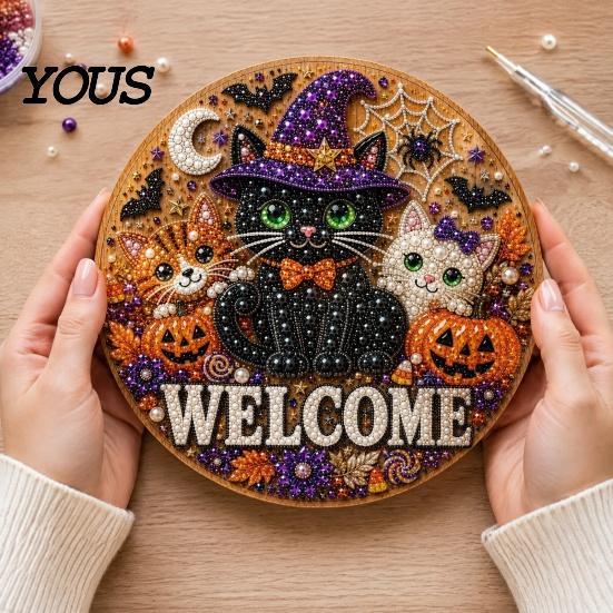 Handmade Welcome Sign Crafts Halloween Faux Pearl Door Kit, Ghost Skull Skeleton Cat Kit Painting Arts for Wall Decoration