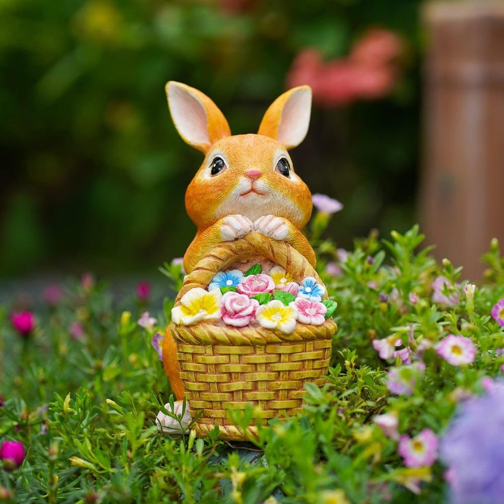 Solar Resin Rabbit Statue With Light Flower Basket Outdoor Garden Yard Decor Lamp