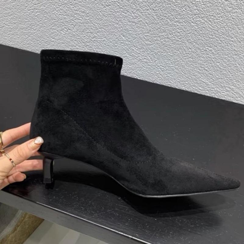 High-heeled pointed-toed temperament suede short boots New autumn and winter thin-heeled Korean thin Martin boots