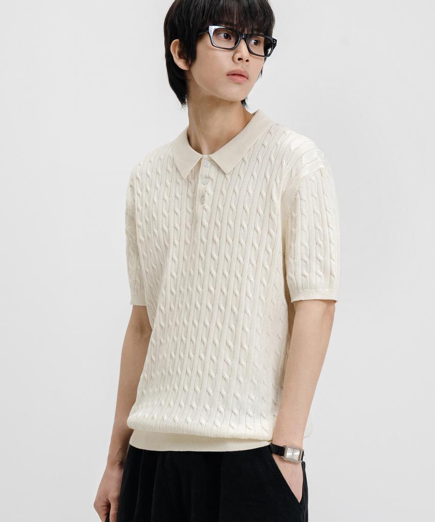 LEMAIN SECOND Oversized Washable Collared Cable Short Sleeve Knit [Ivory]