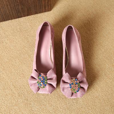 Fashion Sweet Single Shoes Summer New Square Head Shallow Mouth Crystal Buckle Butterfly Knot Anti-slip Wear-resistant Heel Shoes