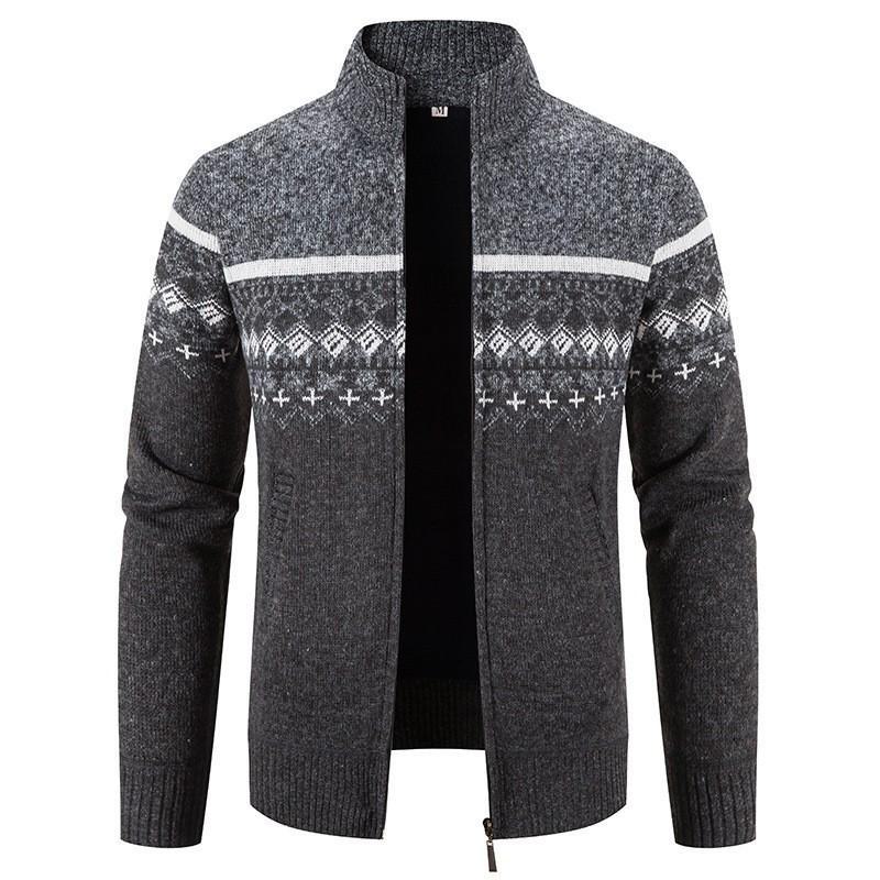 Pulover cardigan jacquard slim cu guler stand pentru bărbați, stil coreean transfrontalier
