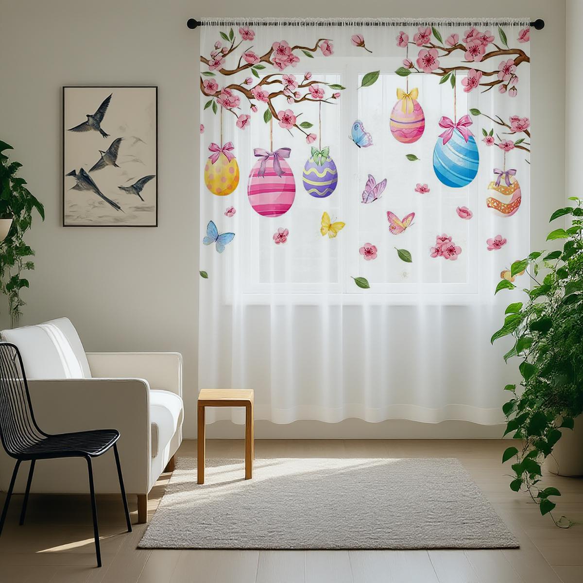 

Single Panel Easter Themed Semi Transparent Filter Window Curtain Children Room Living Bed Blackout With Rod Pocket Polyester Ideal For Sitting W100*H70(CM)-Grommet top&2PCS