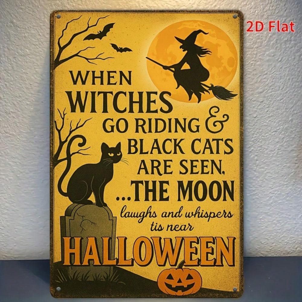 Vintage Halloween Metal Sign 8x12, Funny Black Cat Witch Tin Plaque, Retro Wall Art for Home Bar Cafe
