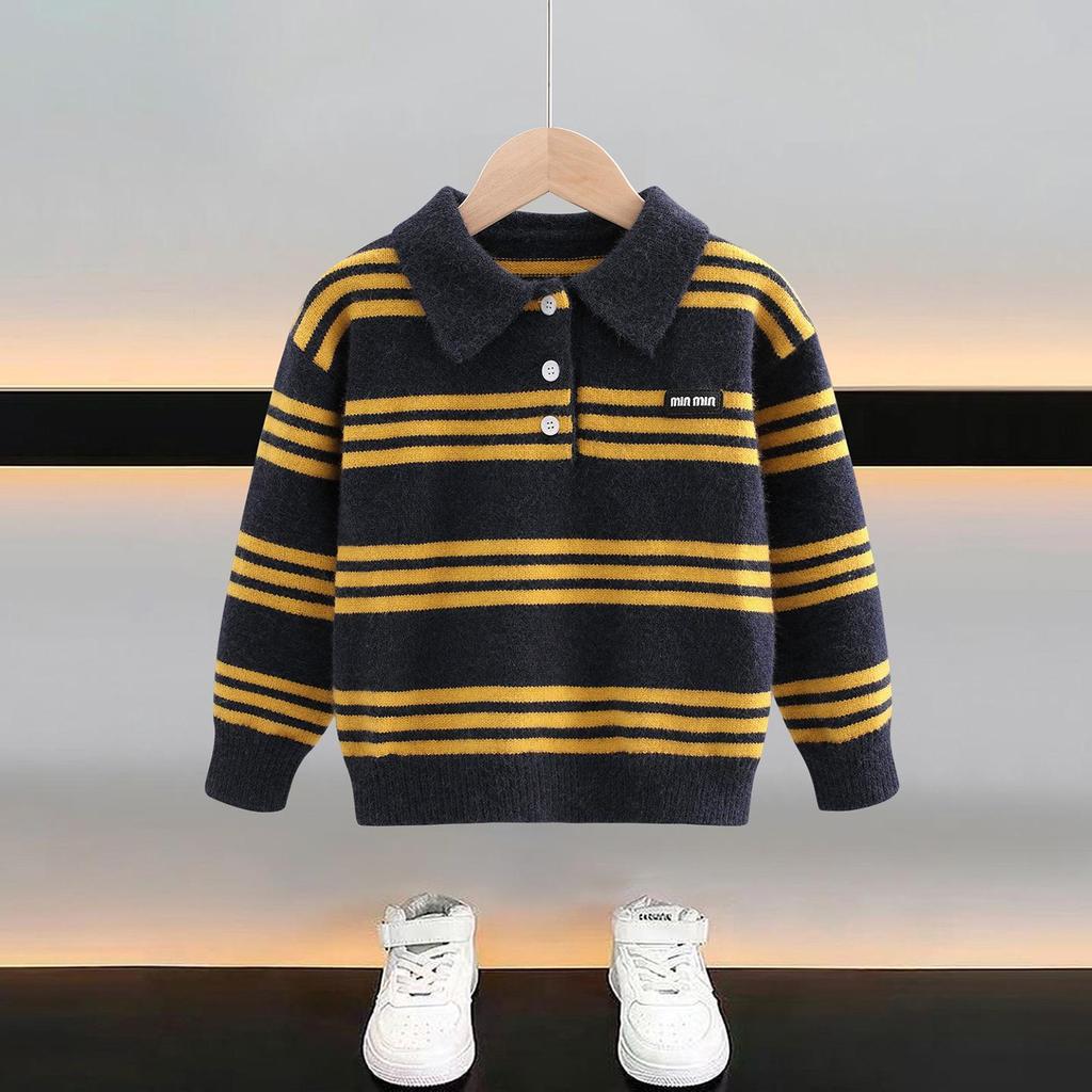 Jungen Herbst 2025 Koreanischer gestreifter Strickpullover mit Umlegekragen - Weich & lässig Langarm für kleine bis mittelgroße Kinder