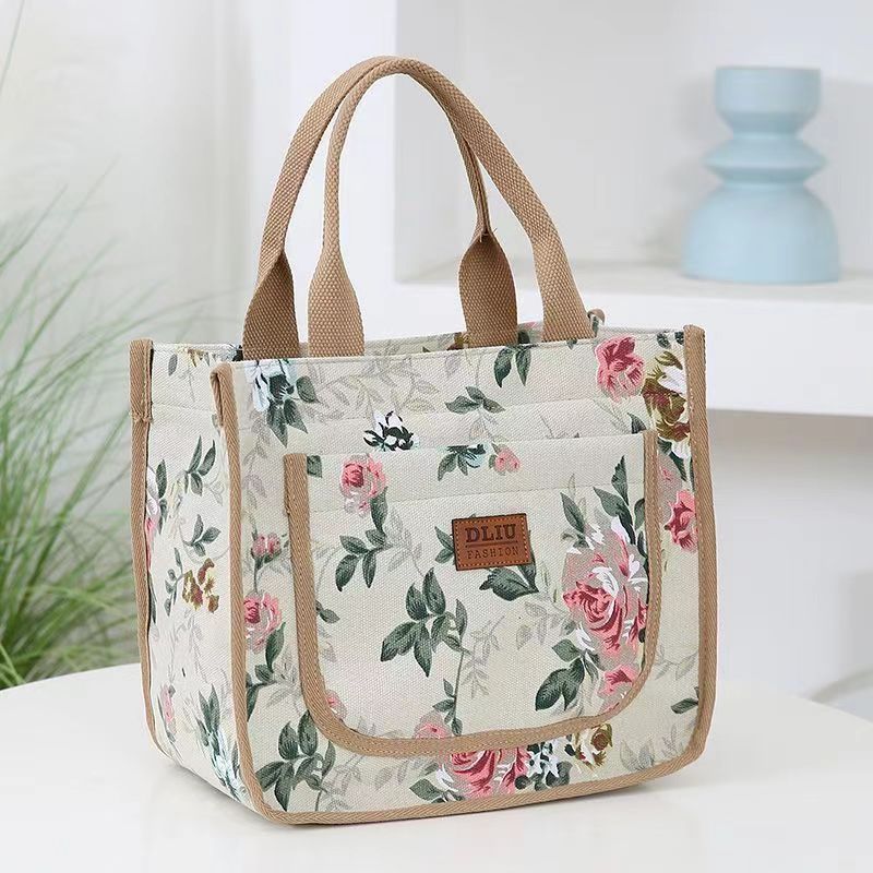Floral Print Lunch Bag Large Capacity Handbag Thickened Thermal Insulation Bag Thermal Insulated Bag Women