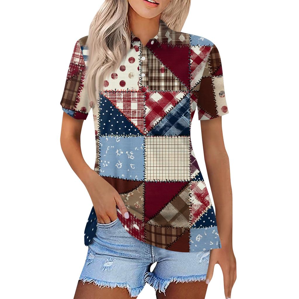 Women's Fashion Casual Lapel Short Sleeve Printed Shirt Women's Button Up Tops