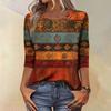 Trendy Vintage 3/4 Sleeve Top For Women ,Ladies Casual Three Quarter Sleeve Round Collar Printed T-Shirt Blouse
