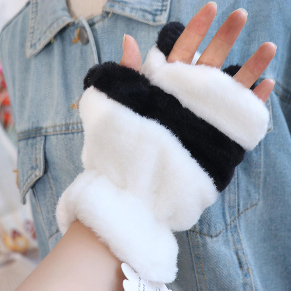 Fleece-lined Half Finger Gloves Winter Velvet Mittens Cute Panda Plush Gloves Outdoor