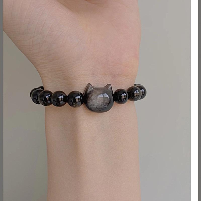 Hide·De natuurlijke zilveren obsidiaan kattenhoofd obsidiaan armband van mijn vriendin is een lief en cool accessoire voor een vrouwelijke beste vriendin