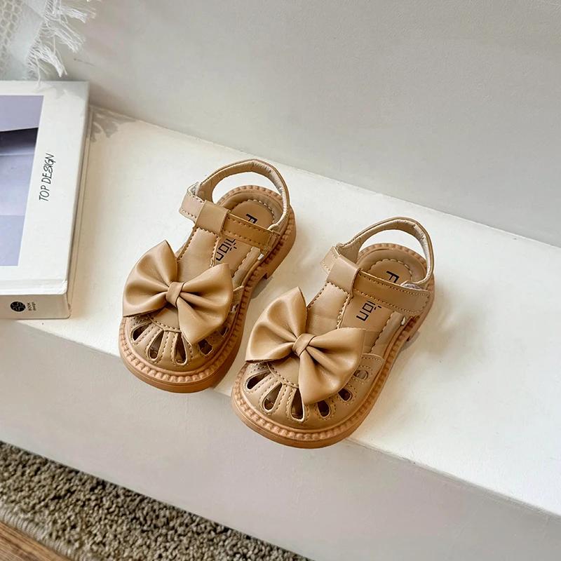 Little Girl's Sandals Hollow-out Bowknot Khaki Beige Cute Kids Sliders Hook-loop Cover Toe T-strap Stylish Children Shoes 23-36