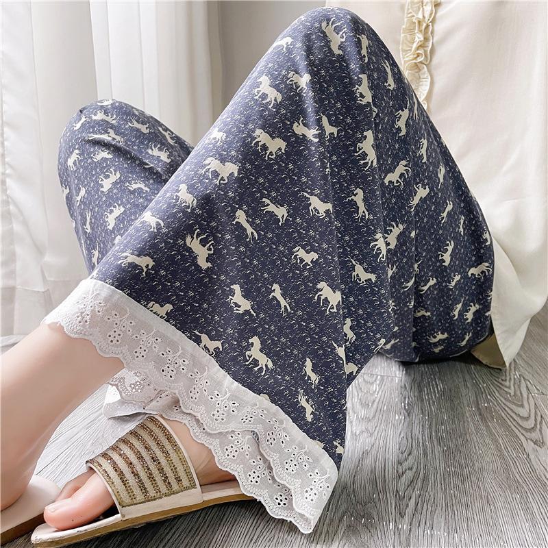 Lace Pants, Butterfly Knot Cotton Silk Printed Wide Leg Pants, Women's Spring And Summer Elastic Waist High Waist Pants, Cartoon Cute Cool Pants