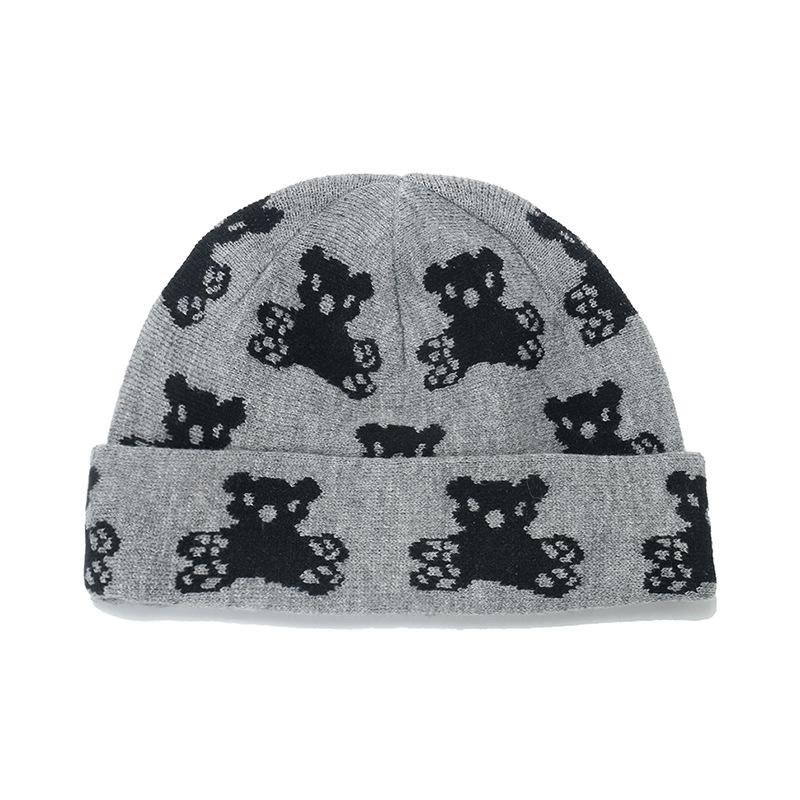 

2025 осень и зима холодная шапка милый мультяшный медведь вязаная шерстяная шапка интернет-знаменитость большой обхват головы теплая защита ушей вязаная шапка женщина L（58-60cm） серый