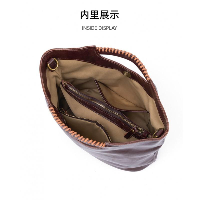 Fashionable Retro Style Genuine Leather Bucket Bag Women Full Tree Cream Vegetable Tanned Cowhide Handbag Crossbody