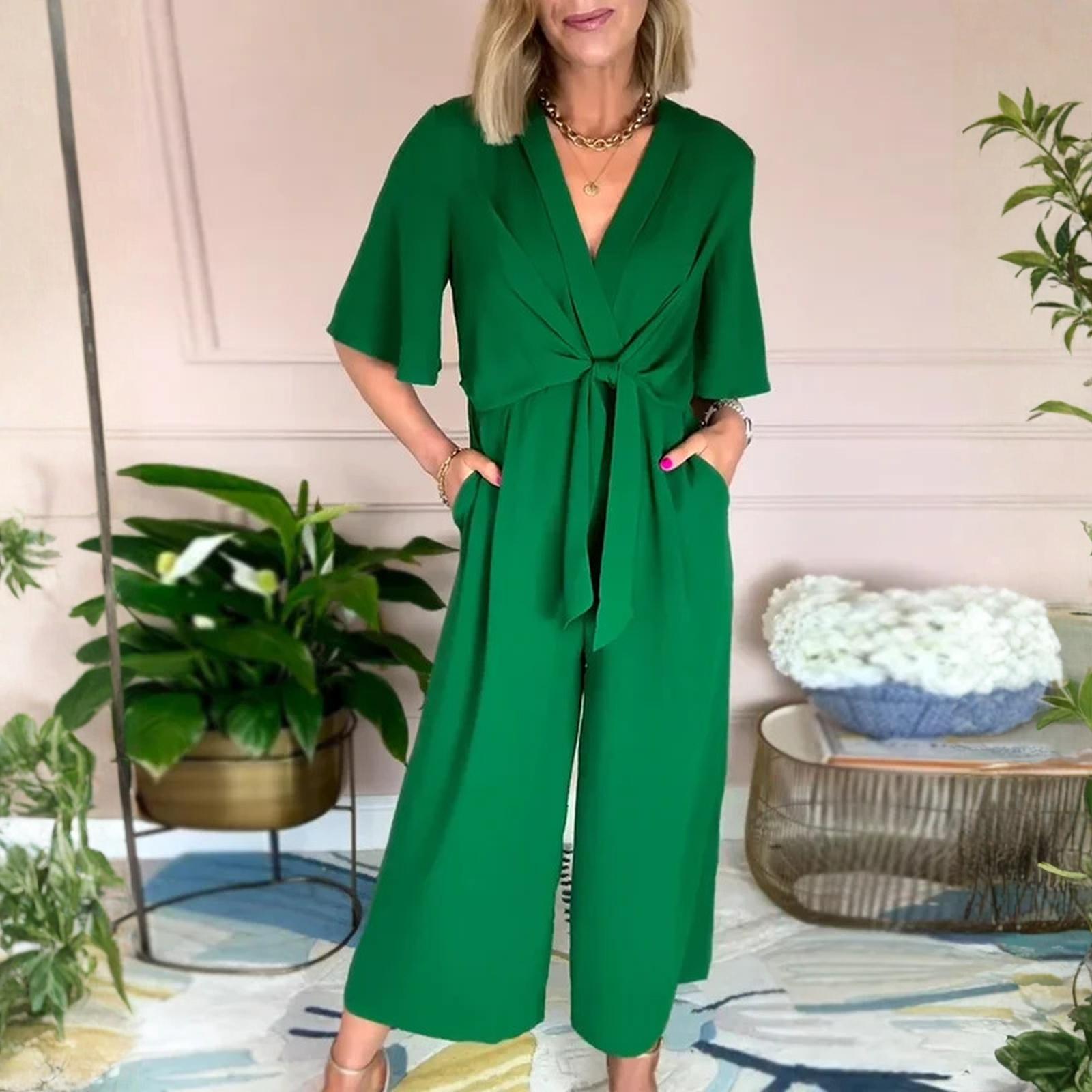 

Ladies Fashionable Casual Color V,neck Fashionable Short Sleeved Jumpsuit S зелений