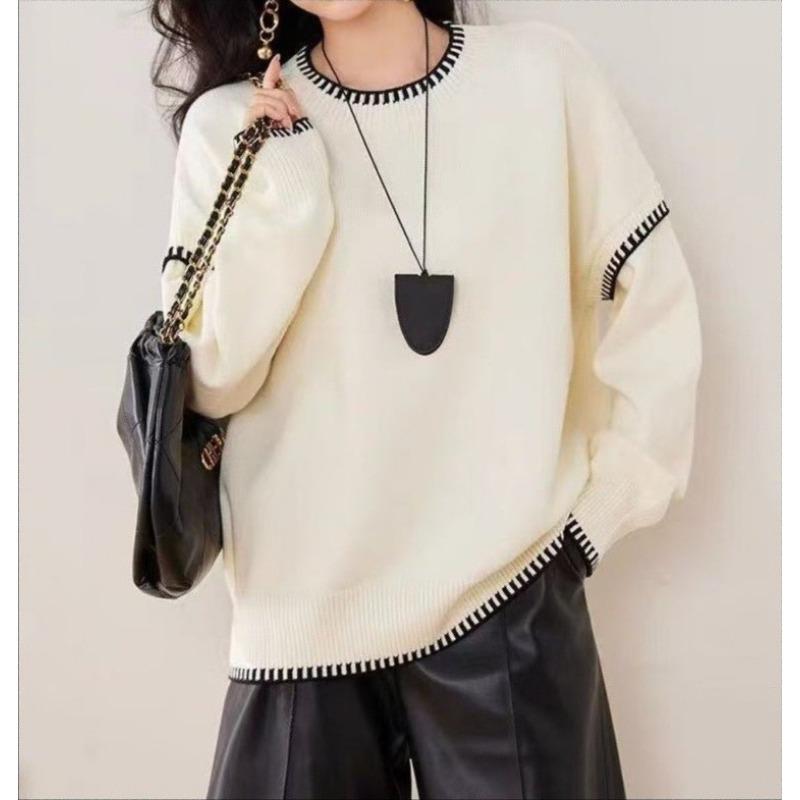 New autumn and winter black and white contrasting color edge crew neck sweater women's simple versatile loose lazy wind knitted sweater