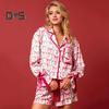 2 Pcs/Set Christms Pajamas Turn-down Collar Single-brasted Colorful Printing Bow Decor Cardigan Top Elastic Waist Shorts Sleepwear Santa Loungewear