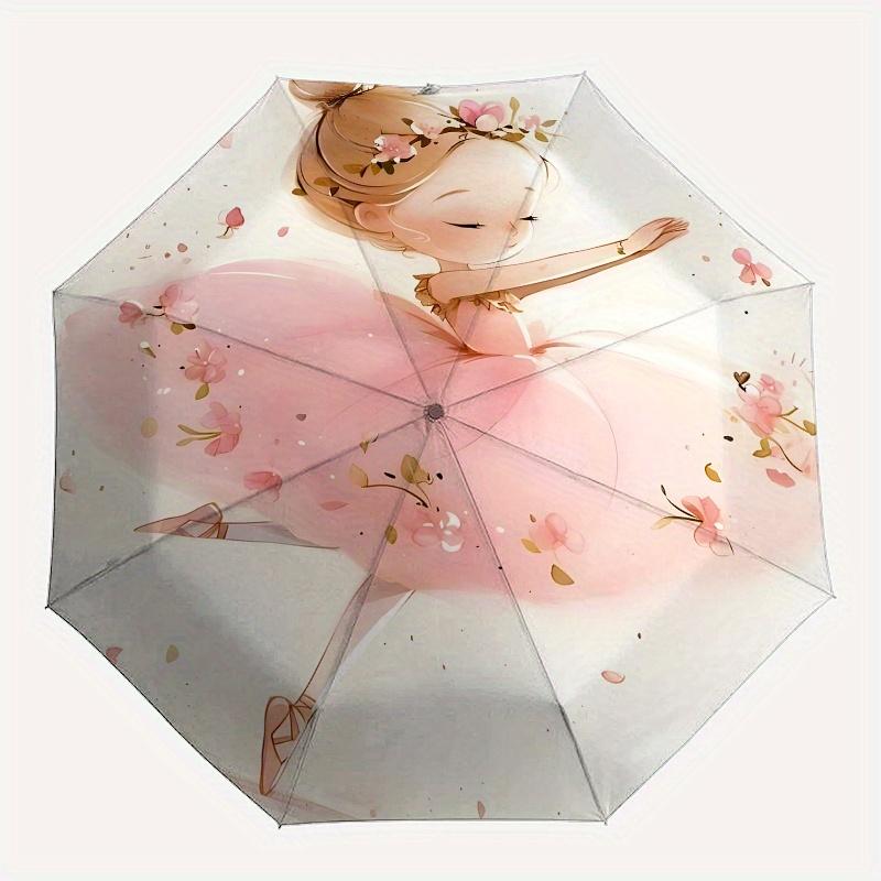Ballerina, Flowers Automatic Folding Umbrella  Simple Eight Rib Design, Bright Color Pattern, Durable Iron Frame, Ideal for Travel and Outdo