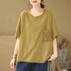 DIMANAF 2025 Sommer Solide Plus Größe Spitze Taschen T-shirt Frauen Kurzarm Lange Tasten Lose Tops Tees