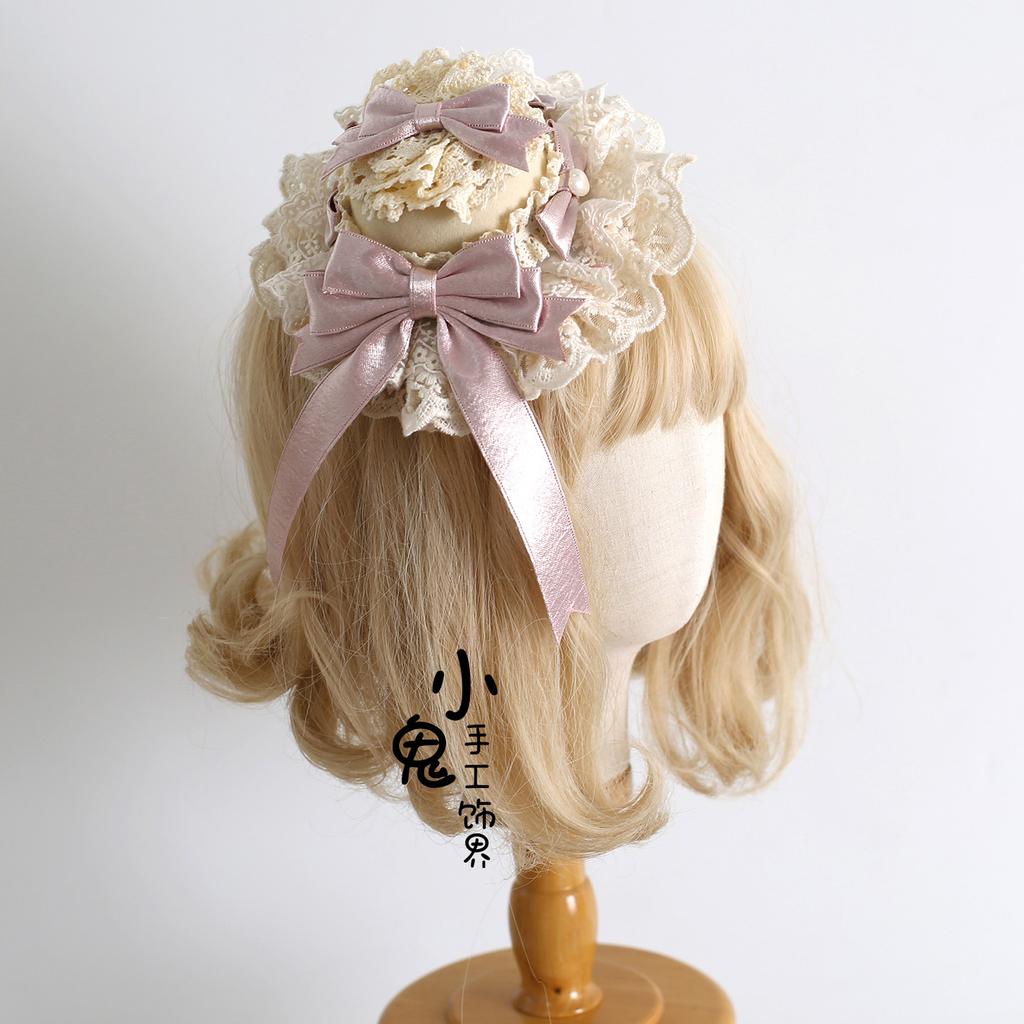 Cream Lolita Original Bow Lace Top Hat Flower Balls Hairpin Veil KC Pillow Ribbon Headband