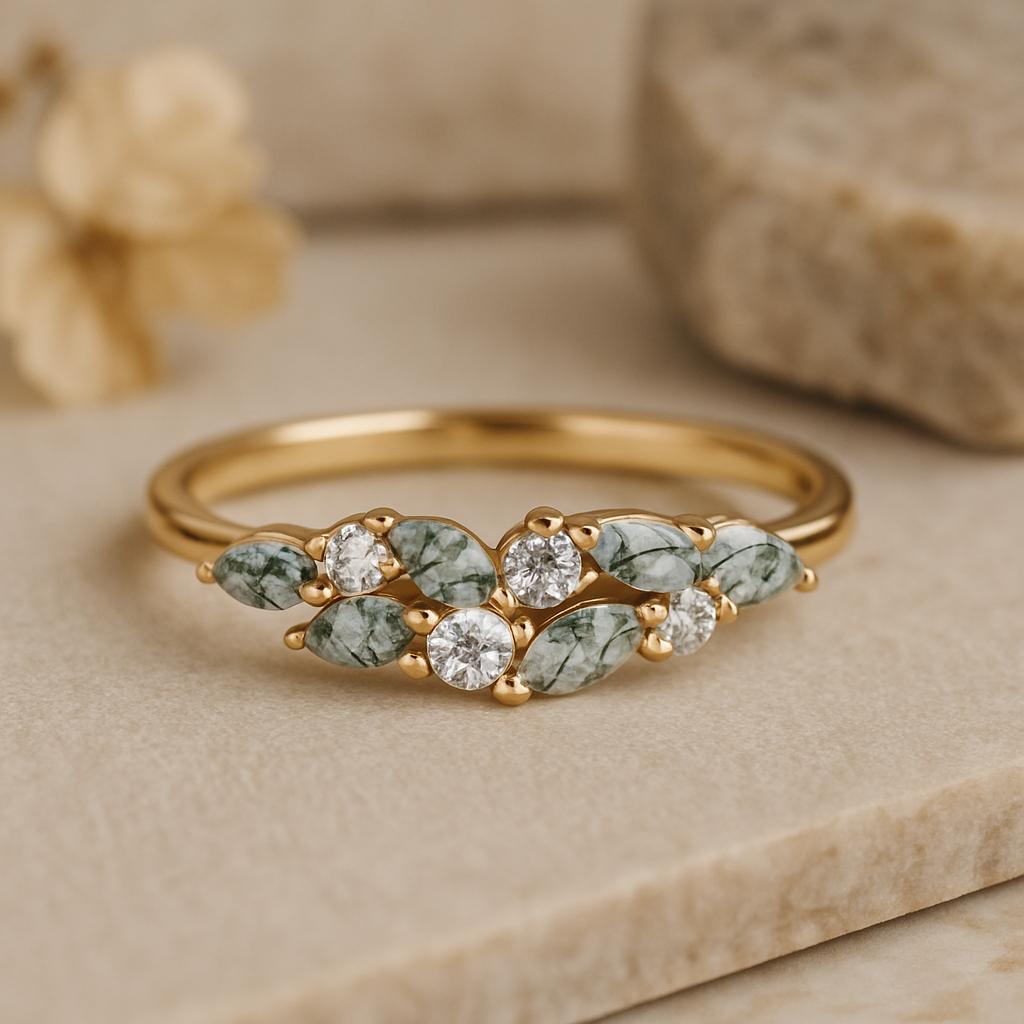 

Moss Agate Leaf Band Ring, Yellow Gold Plated 925 Sterling Silver, Marquise and Round Stone Bridal Jewelry, Anniversary Gift for Her Q розовый