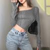 European and American Style 2024 Autumn New Women's Fashion Solid Color Slim Fit Cropped Fashionable Irregular One-Shoulder Long-Sleeve T-Shirt