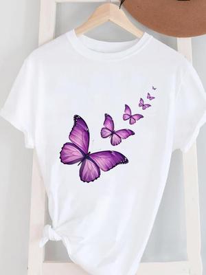 (Asian Size) Short Sleeve Women's Top T Female Print Fashion Ladies O-neck Butterfly Cute Lovely Casual Clothing Graphic Tee T-shirts