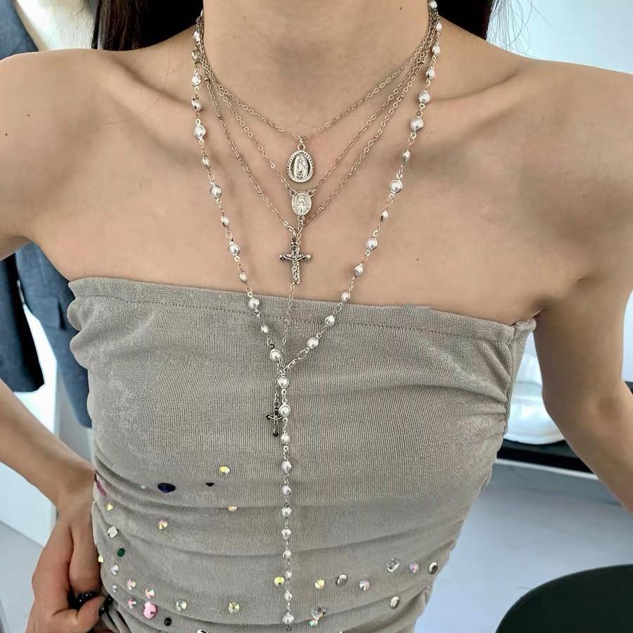 Y2k Cross Pendant Layered Pearl Necklace With Geometric Alloy Design For Streetwear Style