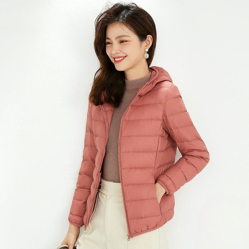 Chaqueta de plumón con capucha de invierno para mujer, ligera, corta, de talla grande, ligera, de plumón de pato blanco