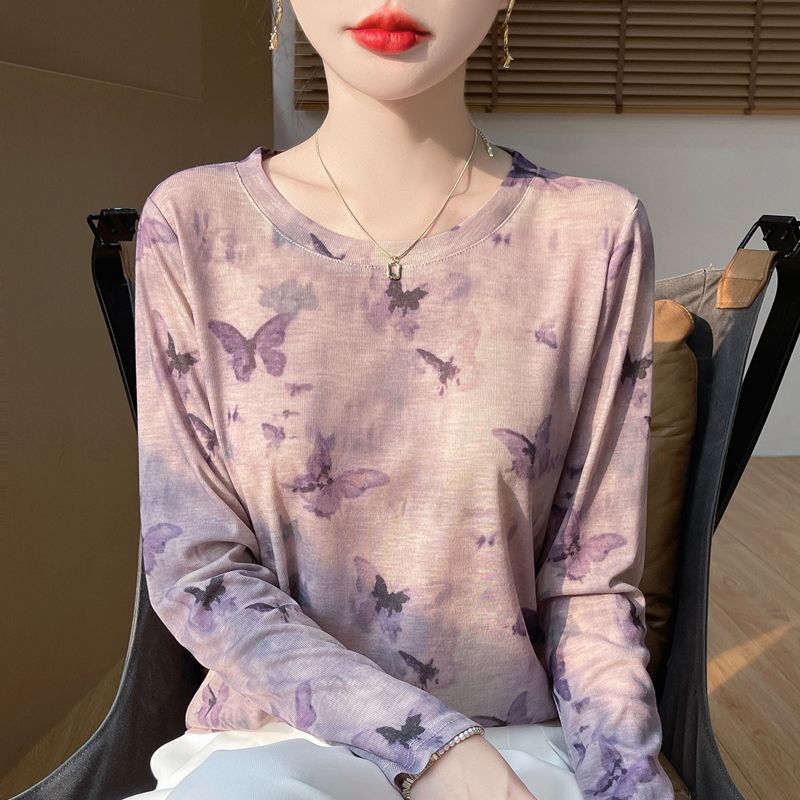 Women's Summer Knitwear Thin Print Pullover Knit Top Long Sleeve Sweater