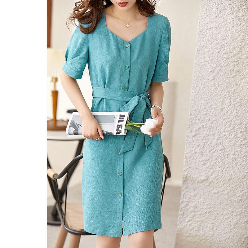 

2025 Summer New Arrival Young Sense Square-Neck Cinched Dress Women s Short Sleeve Silm Slim Looking A- line Mid-Length Dress Blue-Green S