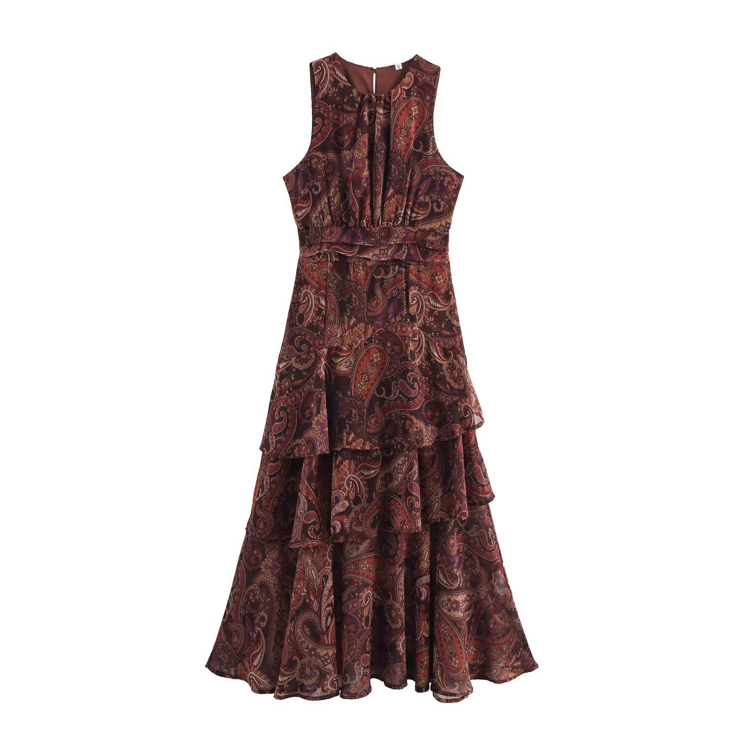 

Женская мода весна 2025: Европейское и американское шифоновое платье без рукавов с многослойной юбкой и простым принтом L цветочные печати