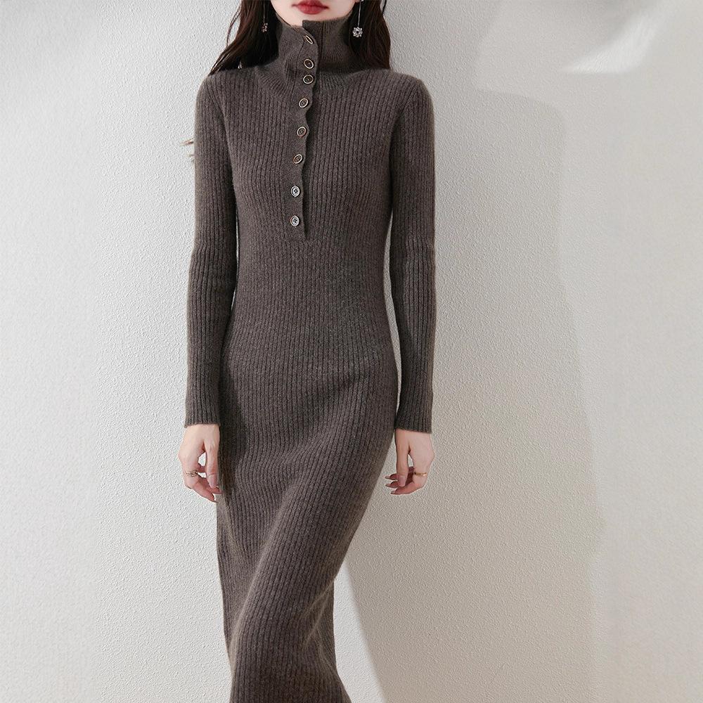 Elegant stacked collar knitted primer dress for women's autumn and winter new long over-the-knee sweater skirt for women